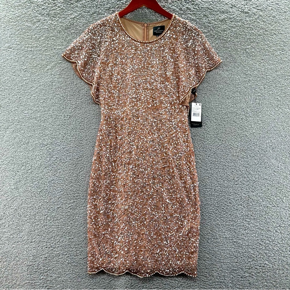 Adrianna Papell Rose Gold Sequin Flutter Sleeve Dress